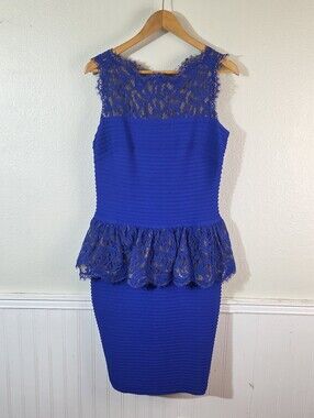 Tadashi Shoji Womens L Royal Blue Lace Peplum Sheath Cocktail Party Dress